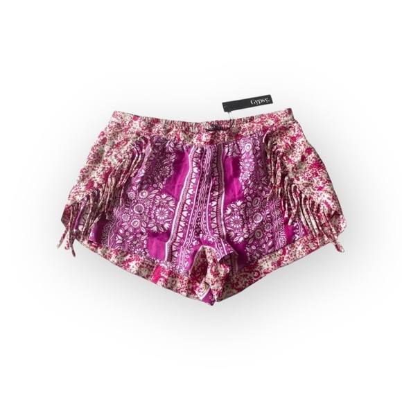 new Gypsy05 ꧁ Mixed Print Rayon Voile Fringe Shorts ꧂ Hot Pink Large ꧂ Festival - Picture 6 of 16
